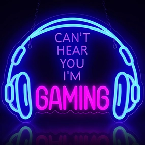 Gaming Neon Sign, Large Bright and Dimmable Colored LED Headset Gamer Neon Light and USB Powered Headphone Lightup Game Signs for Game Zone Video Room Boy Bedroom Wall Decor (Can't Hear You I'm Gaming)