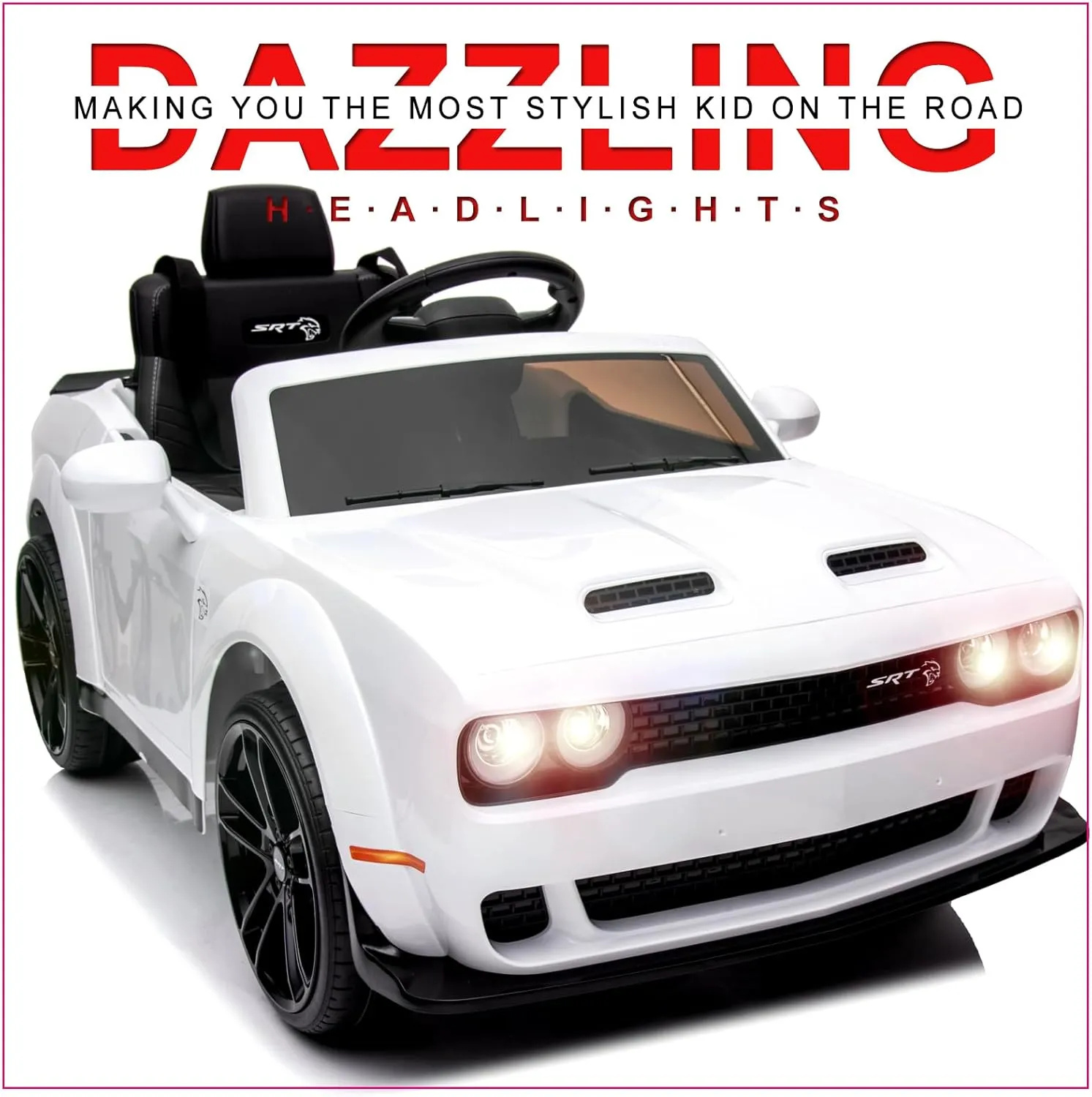 GAOMON Kids Electric Car Licensed Dodge Challenger Ride On Car 12V Electric Vehicles Battery Powered with Remote Control, LED Lights, Bluetooth, MP3 for Boys Girls, White