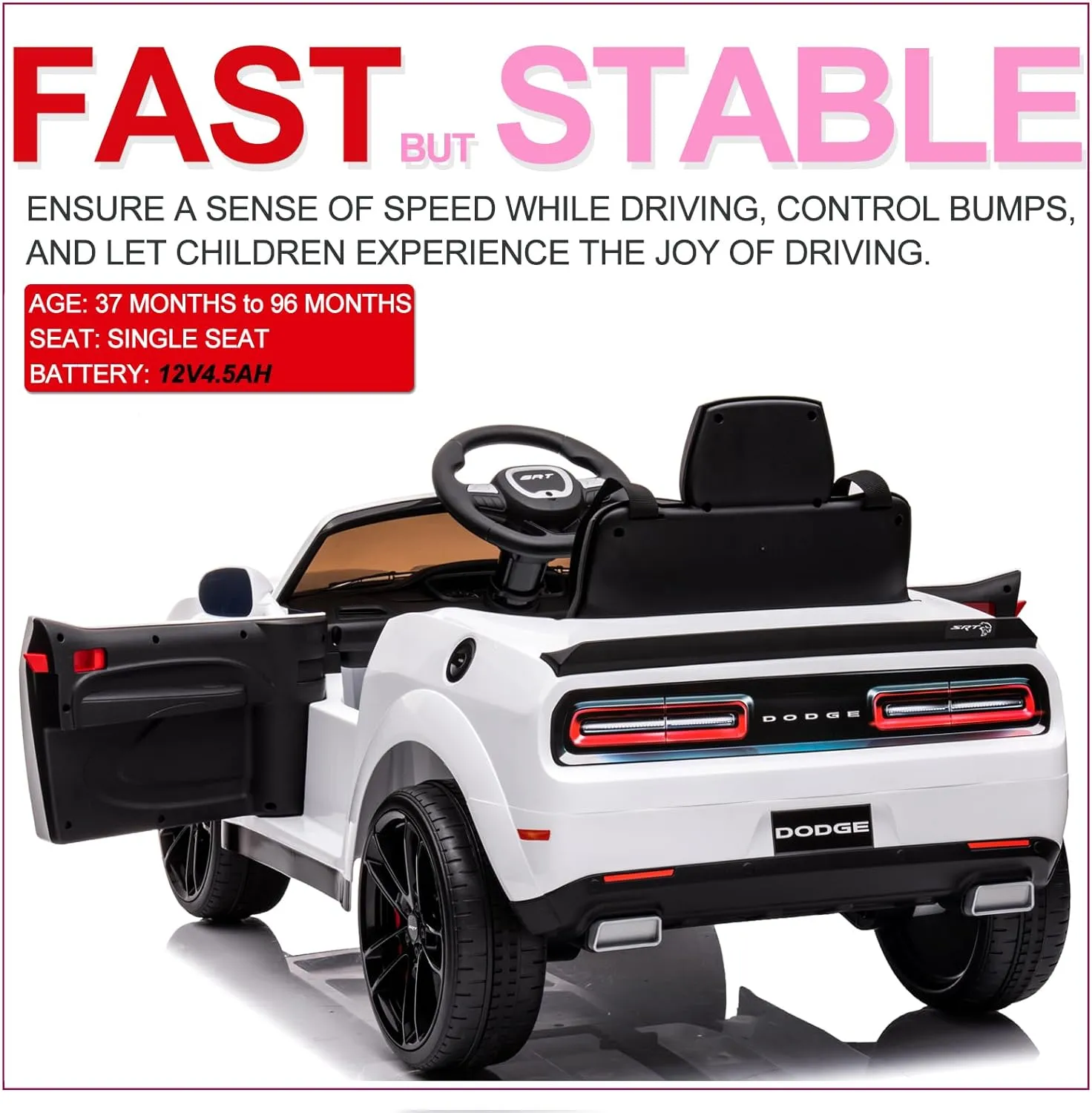 GAOMON Kids Electric Car Licensed Dodge Challenger Ride On Car 12V Electric Vehicles Battery Powered with Remote Control, LED Lights, Bluetooth, MP3 for Boys Girls, White