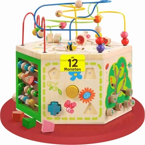 Garden Activity Cube. Wood Shape & Color Sorter, Bead Maze & Counting Baby Toy