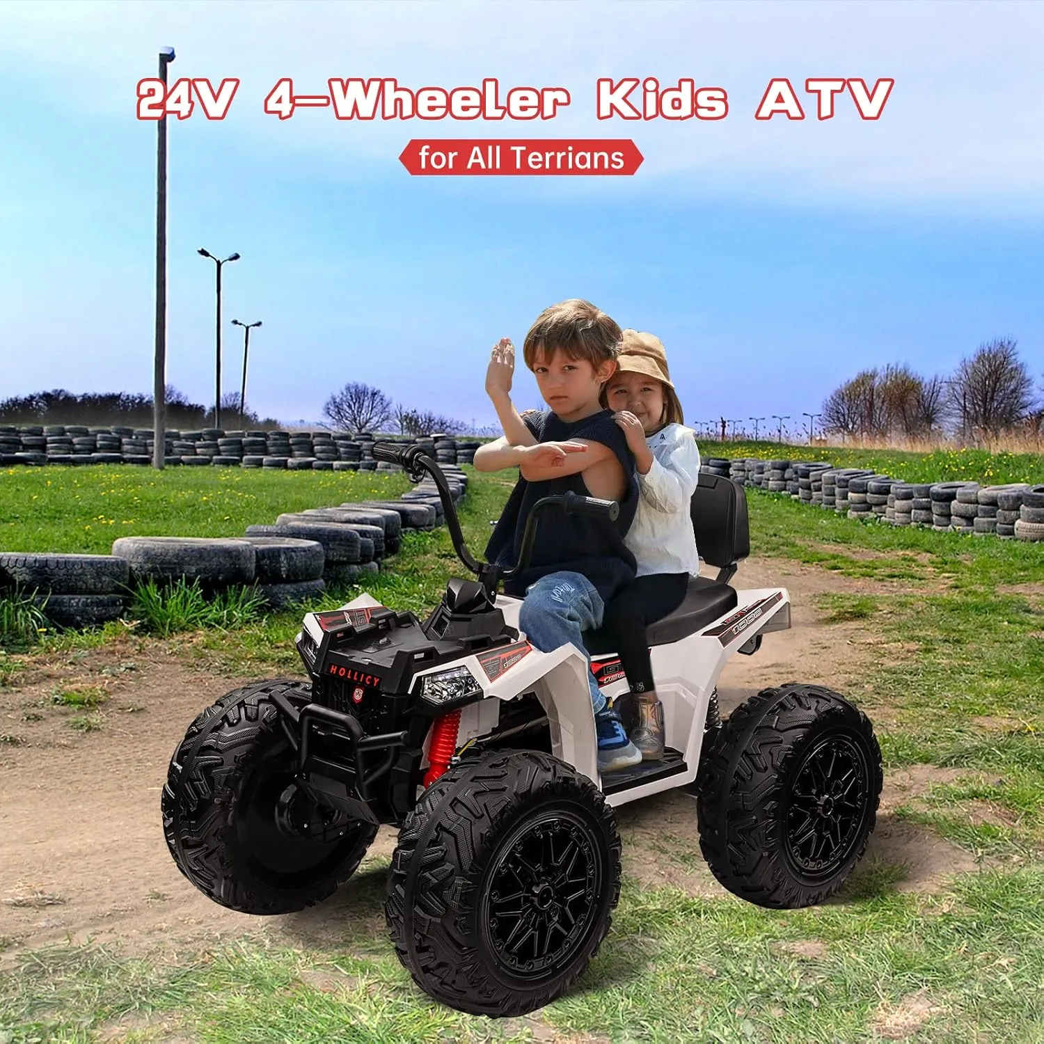 Garvee 24V Kids ATV, 2 Seater Ride On Car, 4WD Toddler Car 4x200W Powerful Engine, Dual 7AH Batteries, Accelerator Handle, EVA Tires, Full Metal Suspension, LED Lights & Music, White