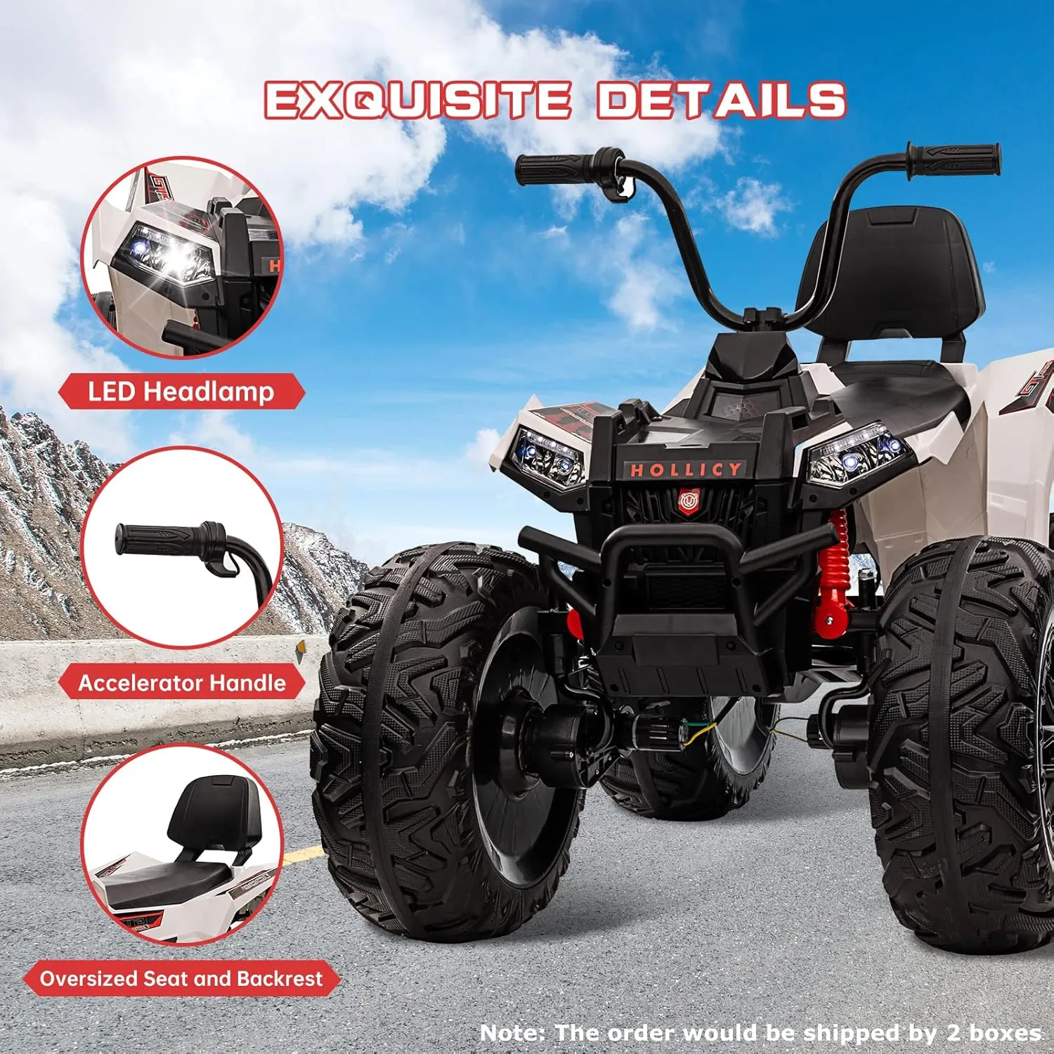 Garvee 24V Kids ATV, 2 Seater Ride On Car, 4WD Toddler Car 4x200W Powerful Engine, Dual 7AH Batteries, Accelerator Handle, EVA Tires, Full Metal Suspension, LED Lights & Music, White