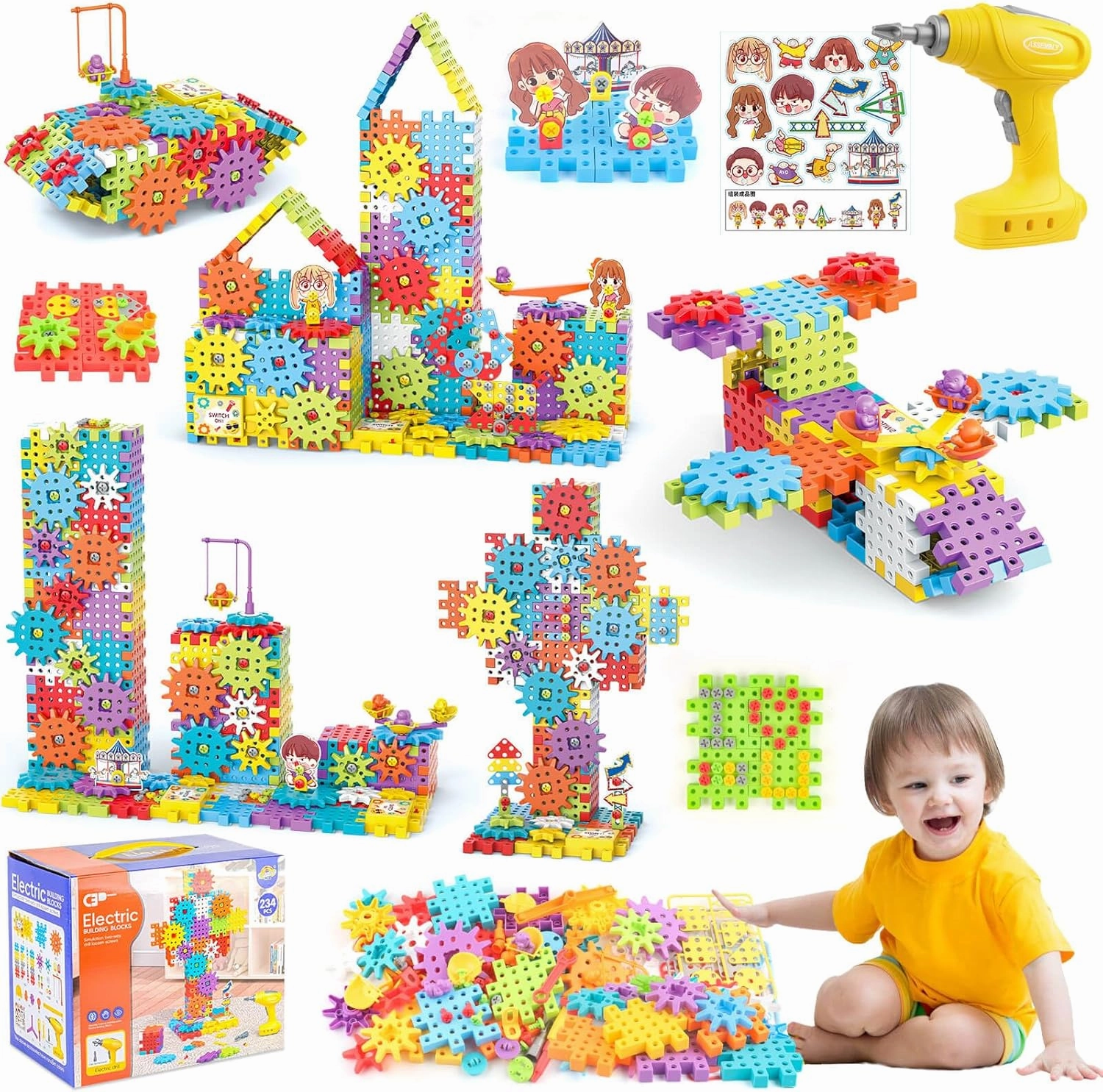Gears Building Blocks, STEM Educational Toys 234 PCS Gears Building Toys Kids Tool Set with Electric Drill, Electric Gear Building Blocks Birthday Gifts for Kids Age 3 