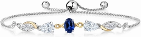 Gem Stone King 925 Silver and 10K Yellow Gold Blue Created Sapphire and White Moissanite and Lab Grown Diamond Tennis Bracelet for Women By Keren Hanan (1.64 cttw, Adjustable Up To 9 Inch)