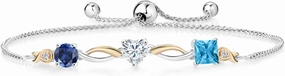 Gem Stone King 925 Silver and 10K Yellow Gold Blue Created Sapphire Moissanite Swiss Blue Topaz and Lab Grown Diamond Tennis Bracelet for Women By Keren Hanan (2.20 cttw, Adjustable Up To 9 Inch)
