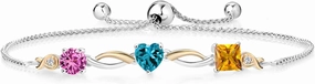Gem Stone King 925 Silver and 10K Yellow Gold Pink Created Sapphire London Blue Topaz Yellow Citrine and Lab Grown Diamond Tennis Bracelet for Women By Keren Hanan (2.10 cttw, Adjustable Up To 9 Inch)