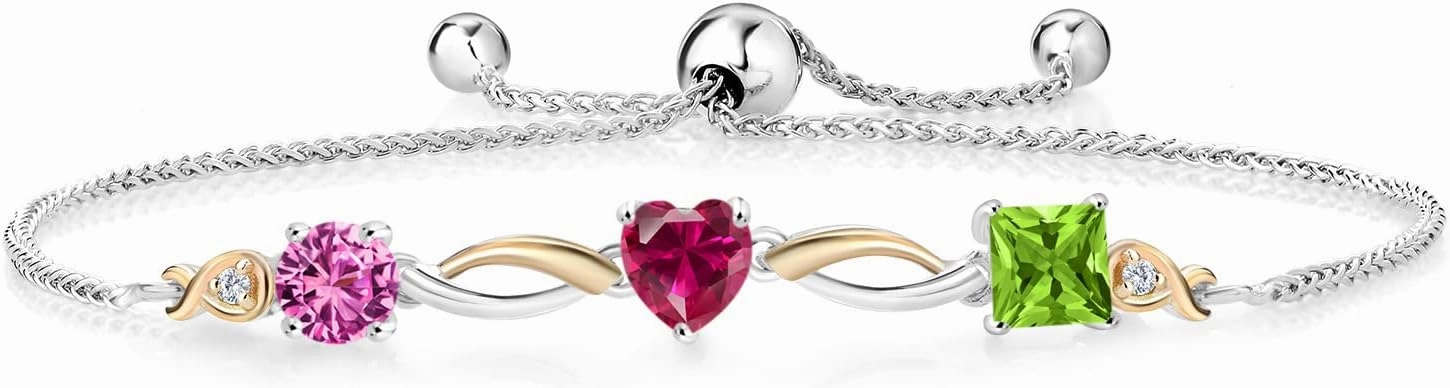 Gem Stone King 925 Silver and 10K Yellow Gold Pink Created Sapphire Red Created Ruby Green Peridot and Lab Grown Diamond Tennis Bracelet for Women By Keren Hanan (2.24 cttw, Adjustable Up To 9 Inch)