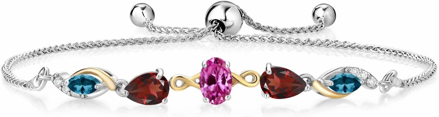 Gem Stone King 925 Silver and 10K Yellow Gold Pink Created Sapphire Red Garnet London Blue Topaz and Lab Grown Diamond Tennis Bracelet for Women By Keren Hanan (1.88 cttw, Adjustable Up To 9 Inch)