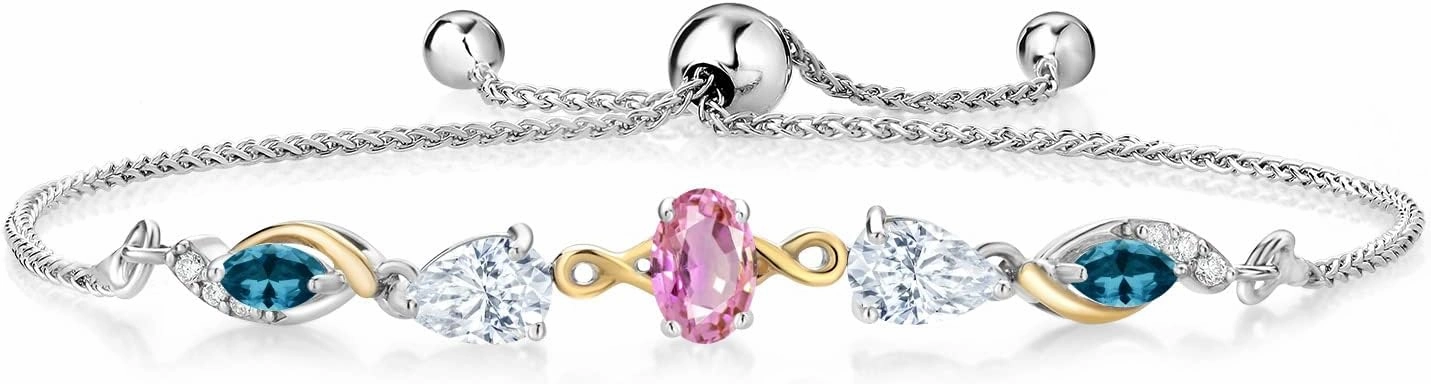 Gem Stone King 925 Silver and 10K Yellow Gold Pink Sapphire White Moissanite London Blue Topaz and Lab Grown Diamond Tennis Bracelet for Women By Keren Hanan (1.80 cttw, Adjustable Up To 9 Inch)