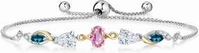 Gem Stone King 925 Silver and 10K Yellow Gold Pink Sapphire White Moissanite London Blue Topaz and Lab Grown Diamond Tennis Bracelet for Women By Keren Hanan (1.80 cttw, Adjustable Up To 9 Inch)