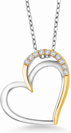 Gem Stone King Keren Hanan 18K 2-Tone Plated Silver Created Sapphire Double Heart Shape Love Pendant Necklace For Women (0.13 Cttw Round With 18-Inch Silver Chain)