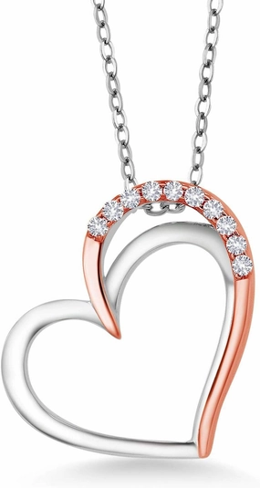 Gem Stone King Keren Hanan 18K 2-Tone Plated Silver Double Heart Shape Love Created Sapphire Pendant Necklace For Women (0.13 Ct Round with 18 Inch Silver Chain)