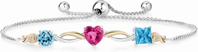 Gem Stone King Keren Hanan 2.25 Ct Swiss Blue Topaz Pink Created Sapphire 925 Silver and 10K Yellow Gold Lab Grown Diamond Bracelet For Women