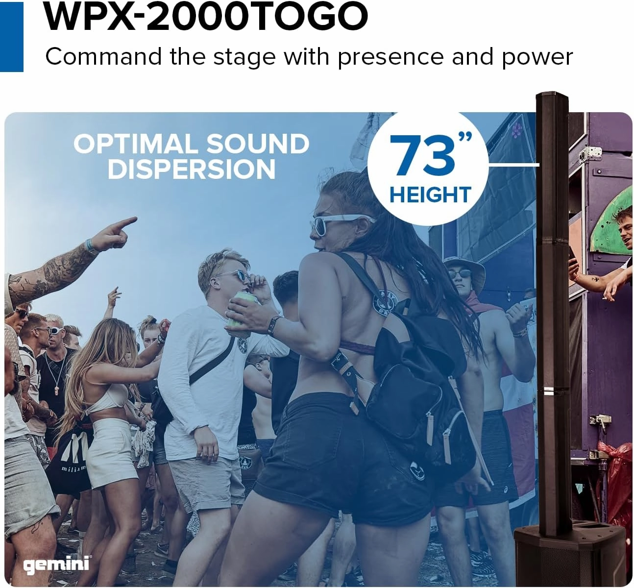 Gemini Sound WPX-2000TOGO Active Battery-Powered Column Line Array Speaker System - 1000W Peak Power, 8-Hour Playtime, Bluetooth, TWS Link, Wireless Audio, 3-Channel Mixer, Portable PA for DJs, Events