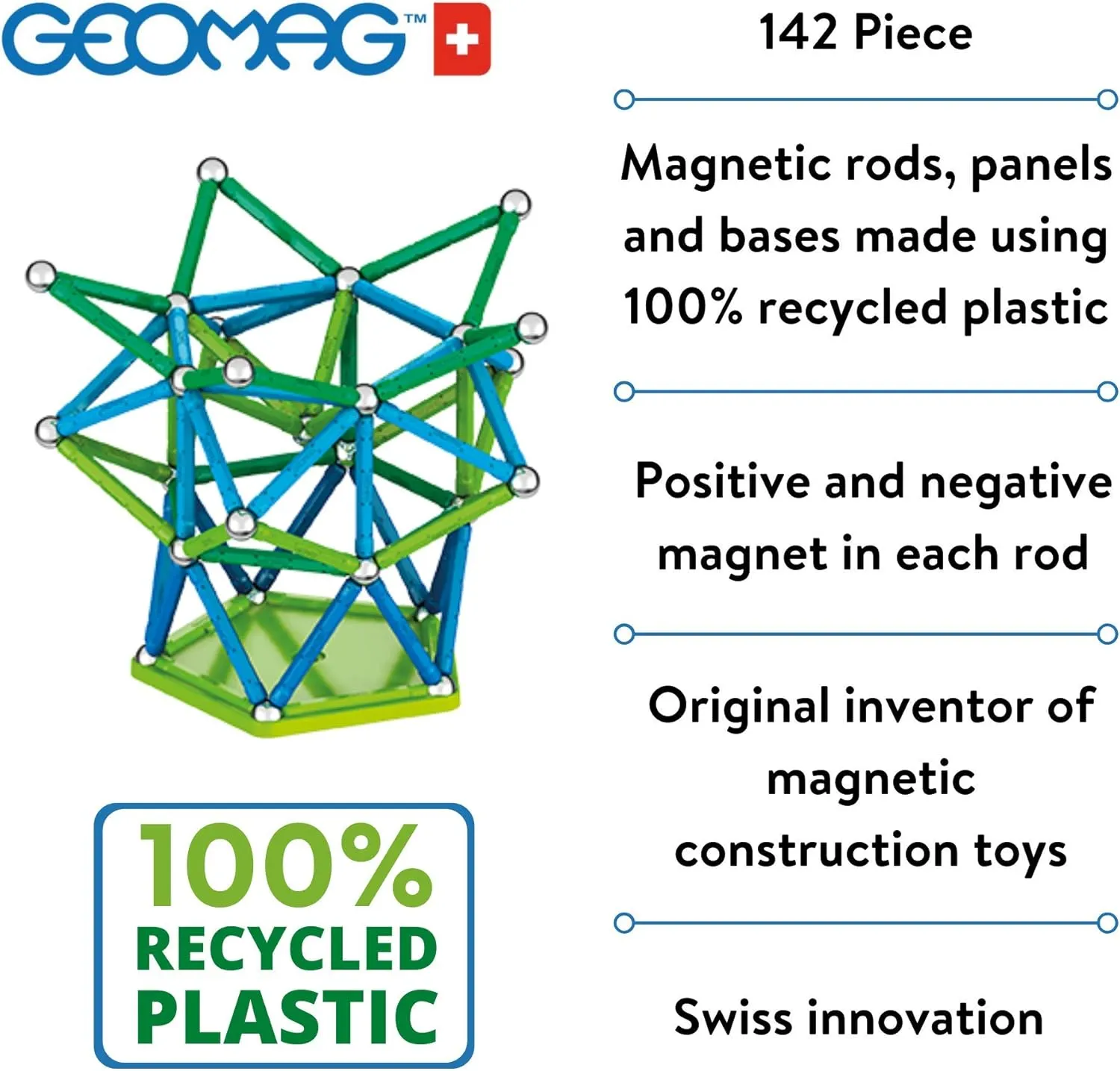 Geomag 142 PCS Magnetic Sticks & Balls Building Set, STEM Magnet Toy for Kids & Adults, Made from 100% Recycled Plastic, Construction Kit Compatible with Magnetic Tiles & Blocks, Swiss-Made