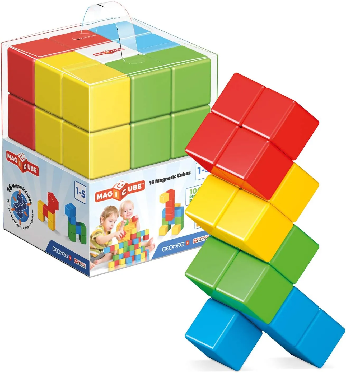 Geomag Magicube - 16 Cubes -Magnetic Construction for Children - Green Collection - 100% Recycled Plastic Educational Toys