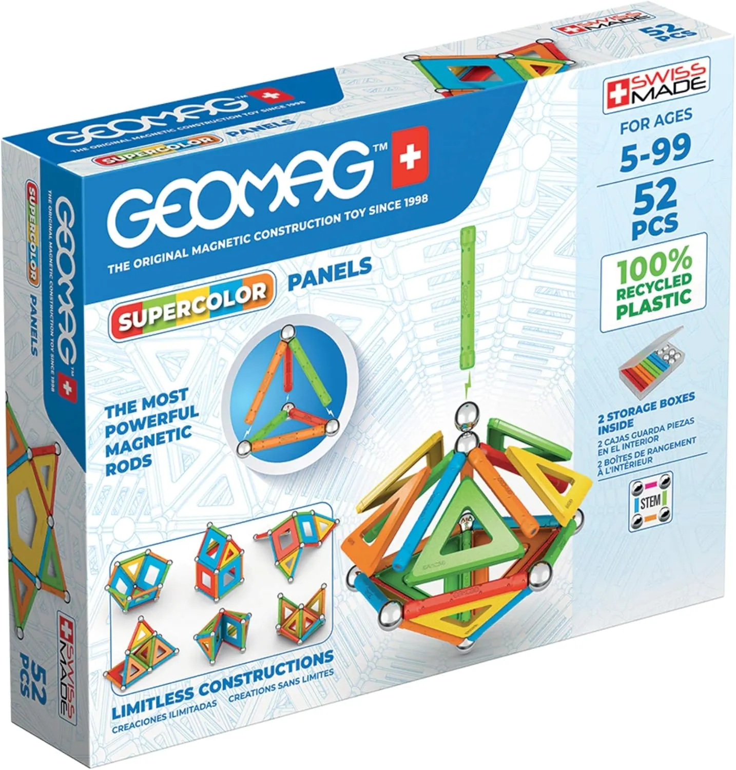 Geomag Magnetic Toys Supecolor Tiles 52-Piece Building Set for Kids Ages 5-99 | Swiss-Made STEM & STEAM Authenticated Educational Toy Made from 100% Recycled Plastic | Creative Learning Play