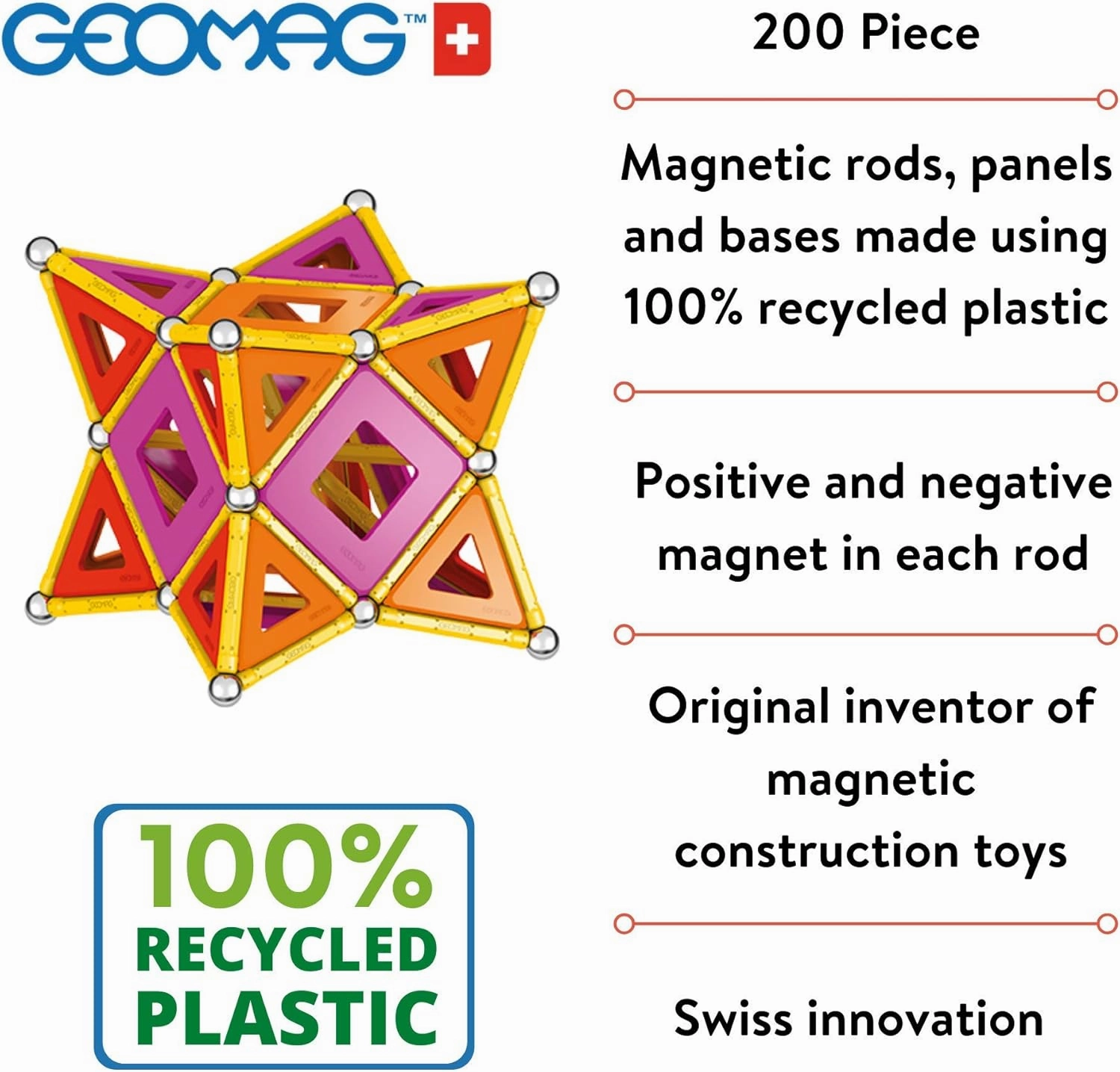 Geomag Magnetic Toys Classic Tiles 200-Piece Building Set For Kids Ages 5-99 | Swiss-Made STEM & STEAM Authenticated Educational Toy Made From 100% Recycled Plastic | Creative School-Age Learning Play