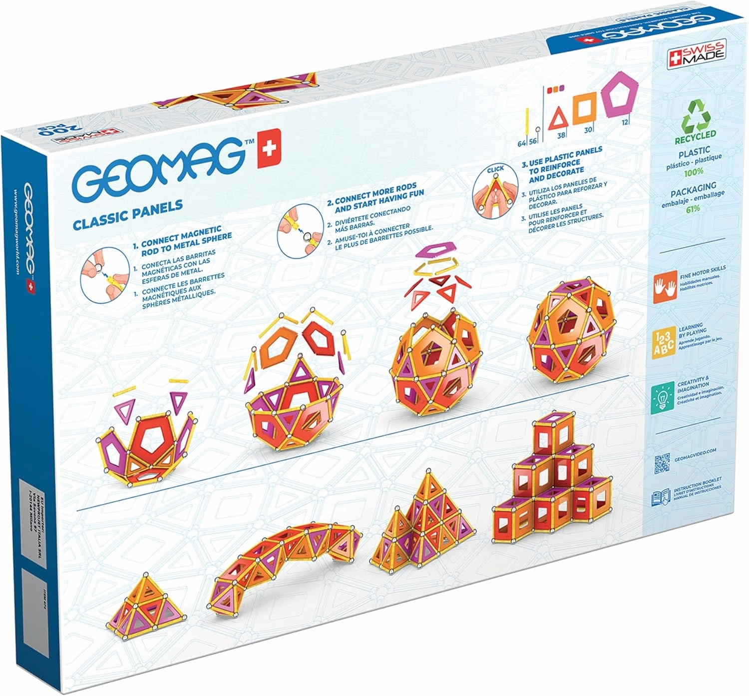 Geomag Magnetic Toys Classic Tiles 200-Piece Building Set For Kids Ages 5-99 | Swiss-Made STEM & STEAM Authenticated Educational Toy Made From 100% Recycled Plastic | Creative School-Age Learning Play