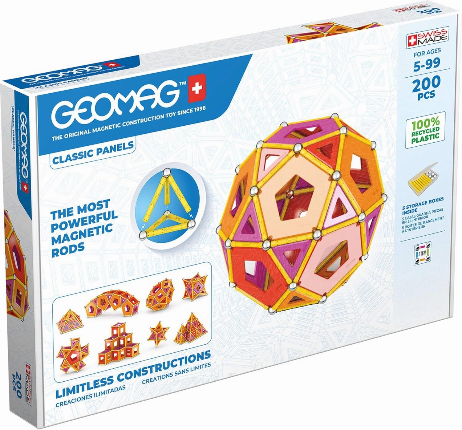 Geomag Magnetic Toys Classic Tiles 200-Piece Building Set For Kids Ages 5-99 | Swiss-Made STEM & STEAM Authenticated Educational Toy Made From 100% Recycled Plastic | Creative School-Age Learning Play