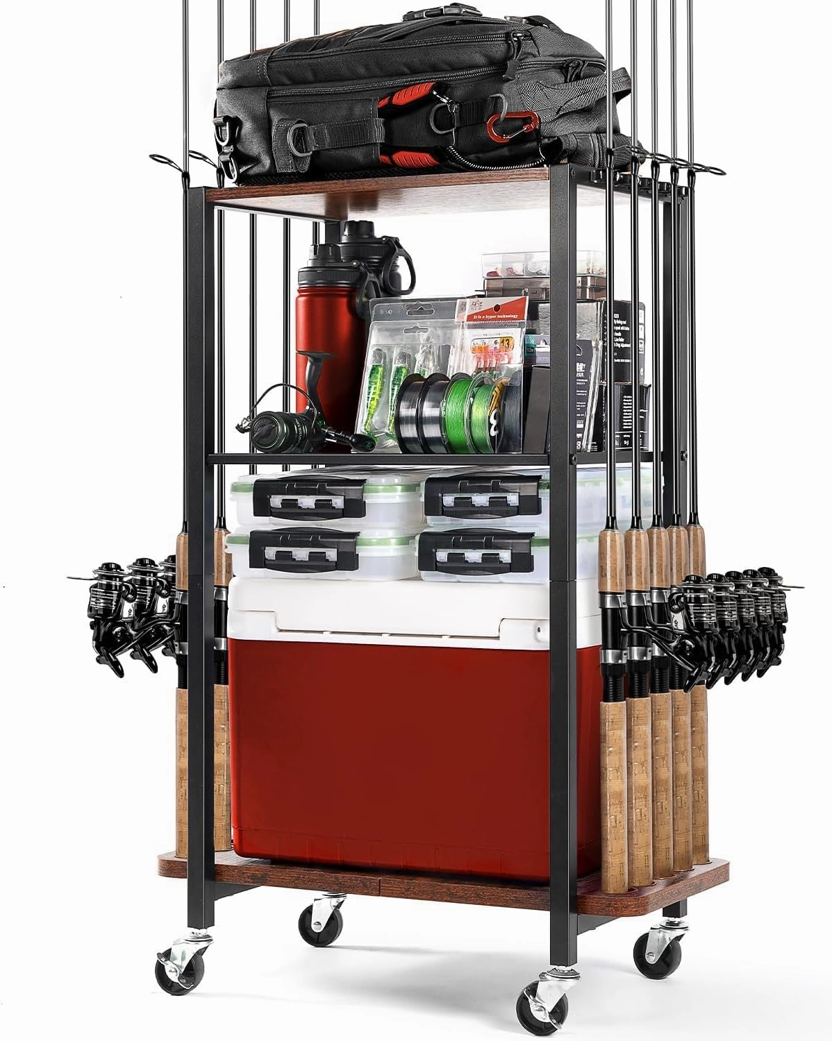 Ghosthorn Fishing Rod Holders for Garage, Fishing Gear and equipment Rotating Tackle Storage Cart, Pole Rod Rack Hold up to 10 Rods, Fishing Gifts for Men, Brown