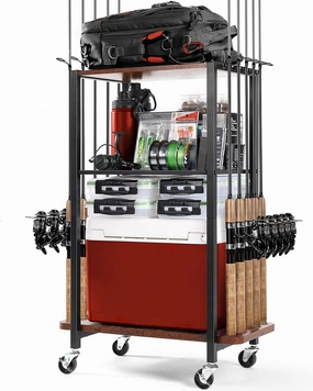 Ghosthorn Fishing Rod Holders for Garage, Fishing Gear and equipment Rotating Tackle Storage Cart, Pole Rod Rack Hold up to 10 Rods, Fishing Gifts for Men, Brown