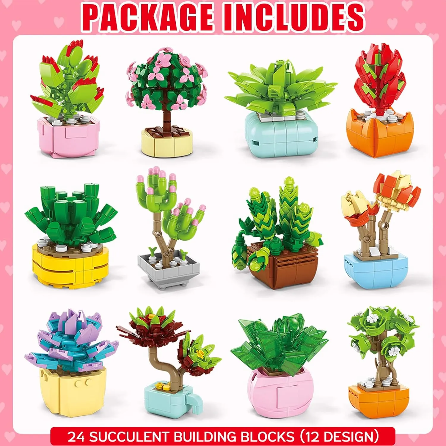 Gifts for Kids - 24 Packs Succulents Building Blocks with Cards Easter Basket Stuffers for Kids Boys Girls, Easter Party Favors Supplies Artificial Botanical Toy Class Prizes Easter Treat Bags