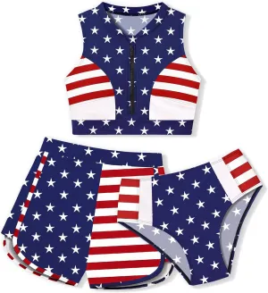 Girls Swimsuit 3 Piece Color Block Zipper Front Bathing Suit Bikini Set with Shorts Sporty Girls' Swimwear 7-16 Years