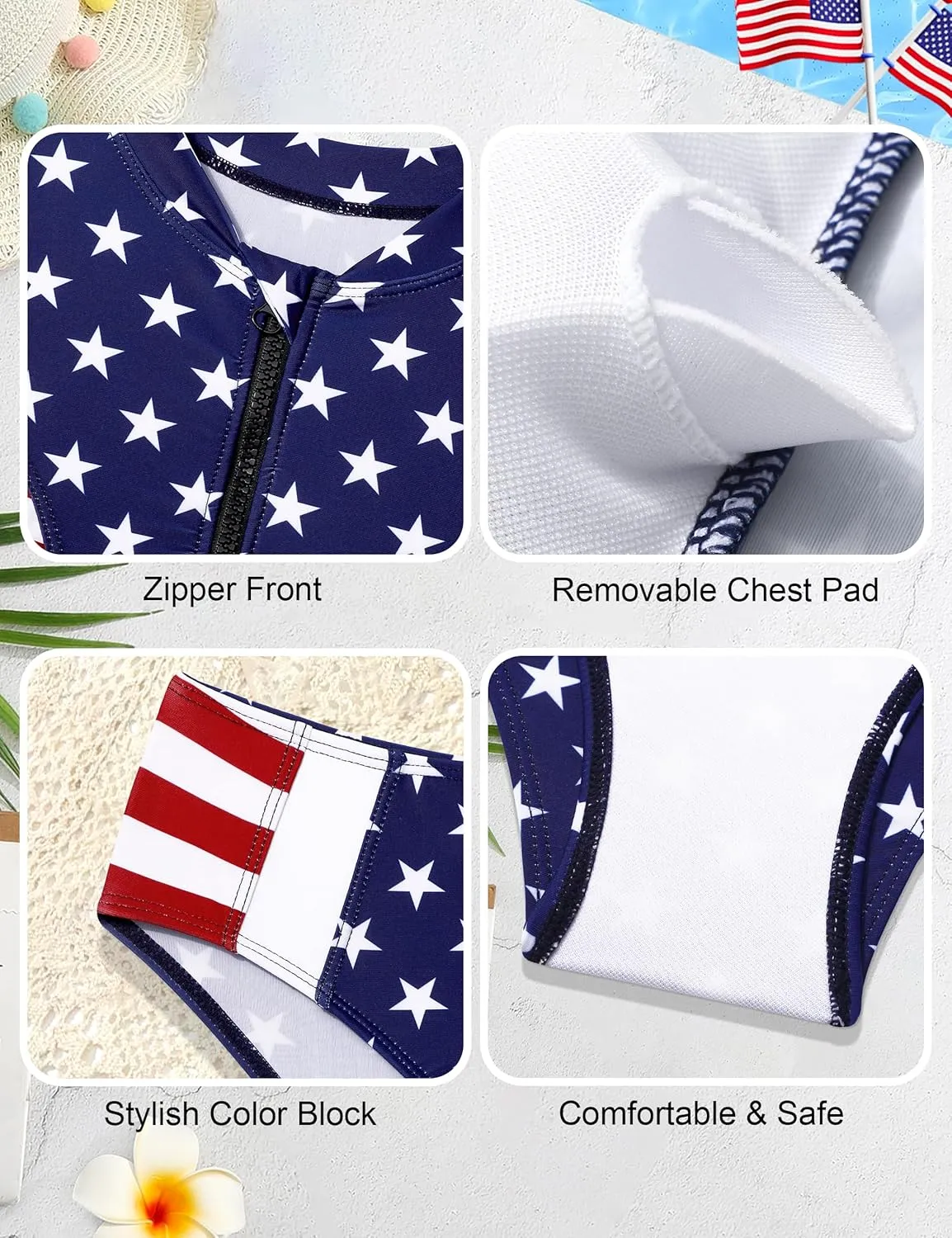 Girls Swimsuit 3 Piece Color Block Zipper Front Bathing Suit Bikini Set with Shorts Sporty Girls' Swimwear 7-16 Years