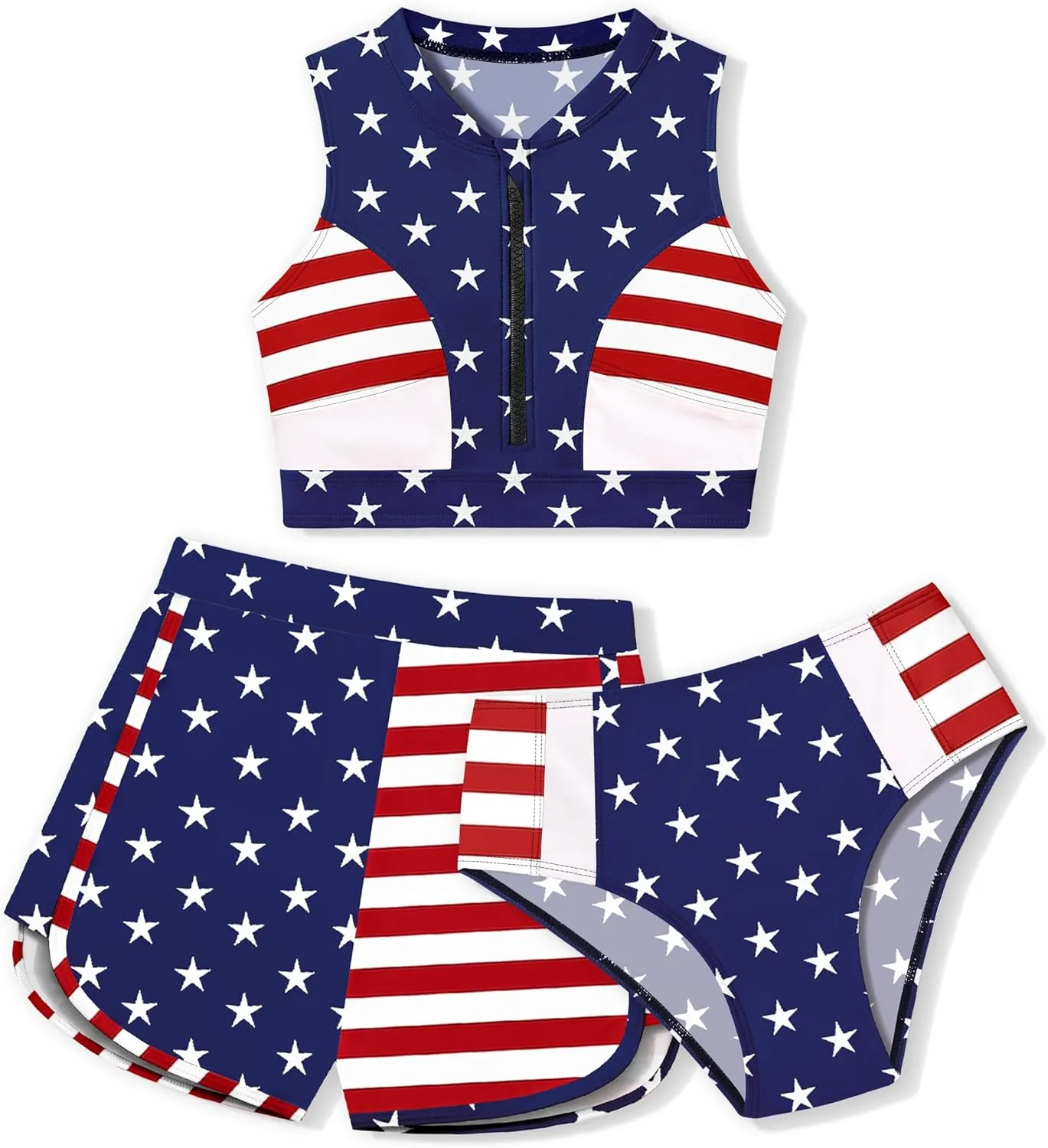 Girls Swimsuit 3 Piece Color Block Zipper Front Bathing Suit Bikini Set with Shorts Sporty Girls' Swimwear 7-16 Years