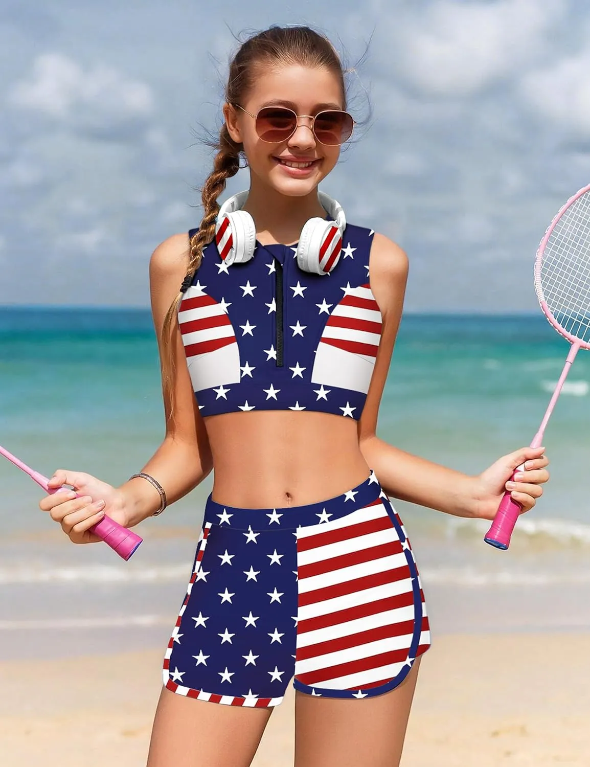 Girls Swimsuit 3 Piece Color Block Zipper Front Bathing Suit Bikini Set with Shorts Sporty Girls' Swimwear 7-16 Years