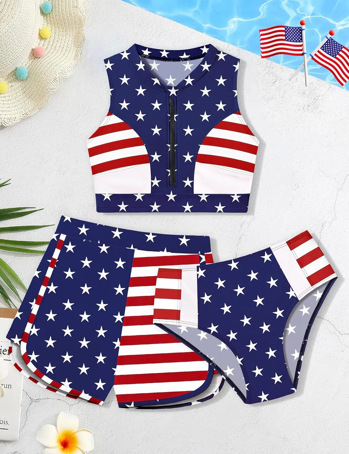 Girls Swimsuit 3 Piece Color Block Zipper Front Bathing Suit Bikini Set with Shorts Sporty Girls' Swimwear 7-16 Years