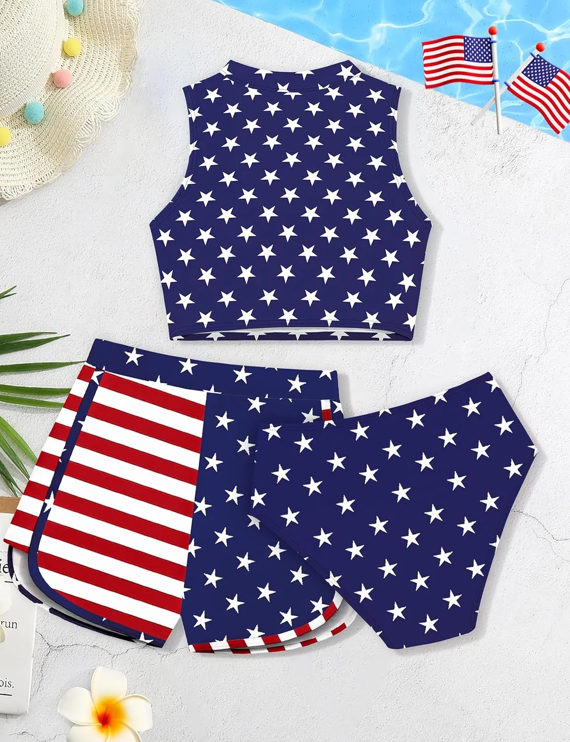 Girls Swimsuit 3 Piece Color Block Zipper Front Bathing Suit Bikini Set with Shorts Sporty Girls' Swimwear 7-16 Years