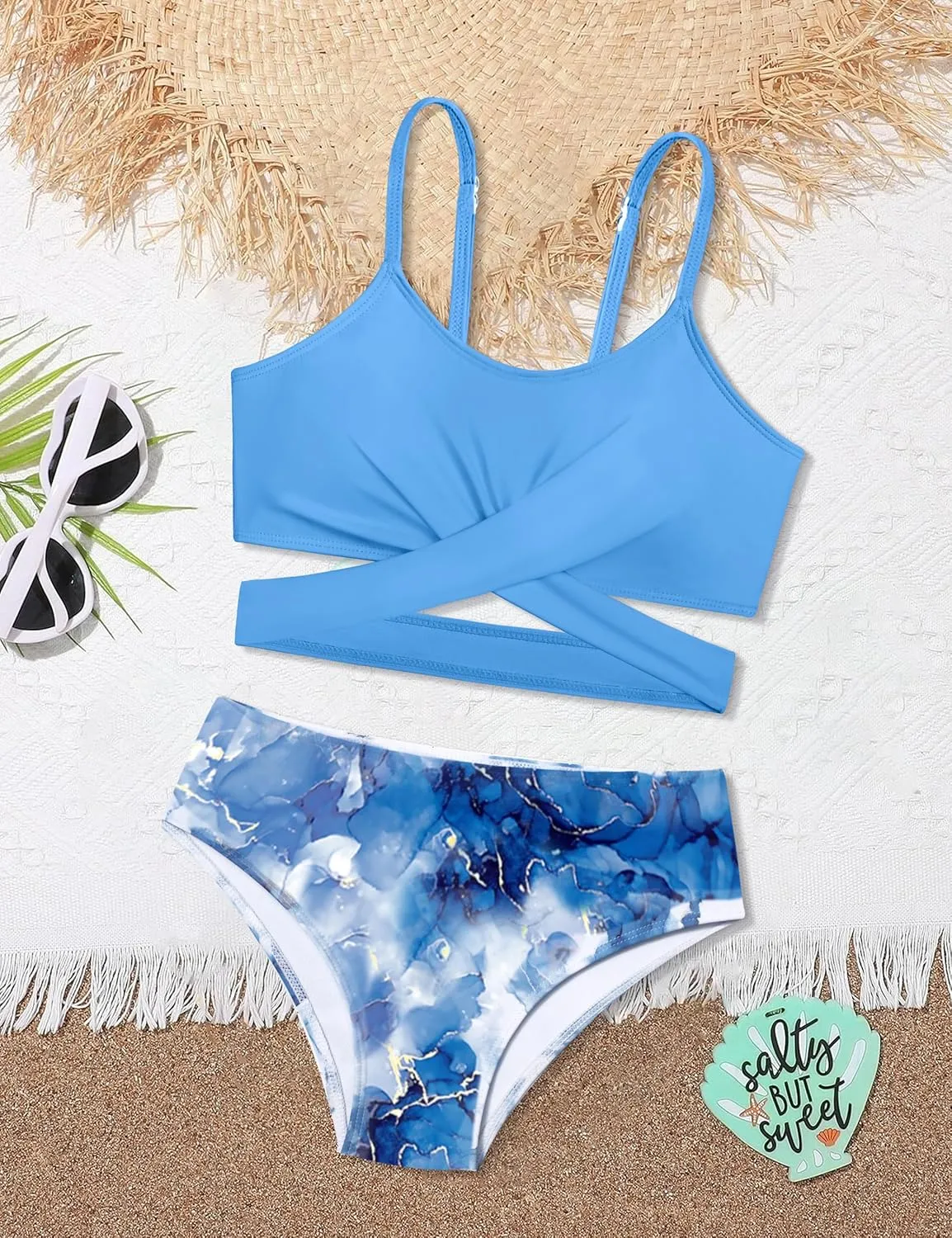 Girls Swimsuits Bikini Set Two Piece Bathing Suit Criss Cross Girls' Swimwear with Chest Pad