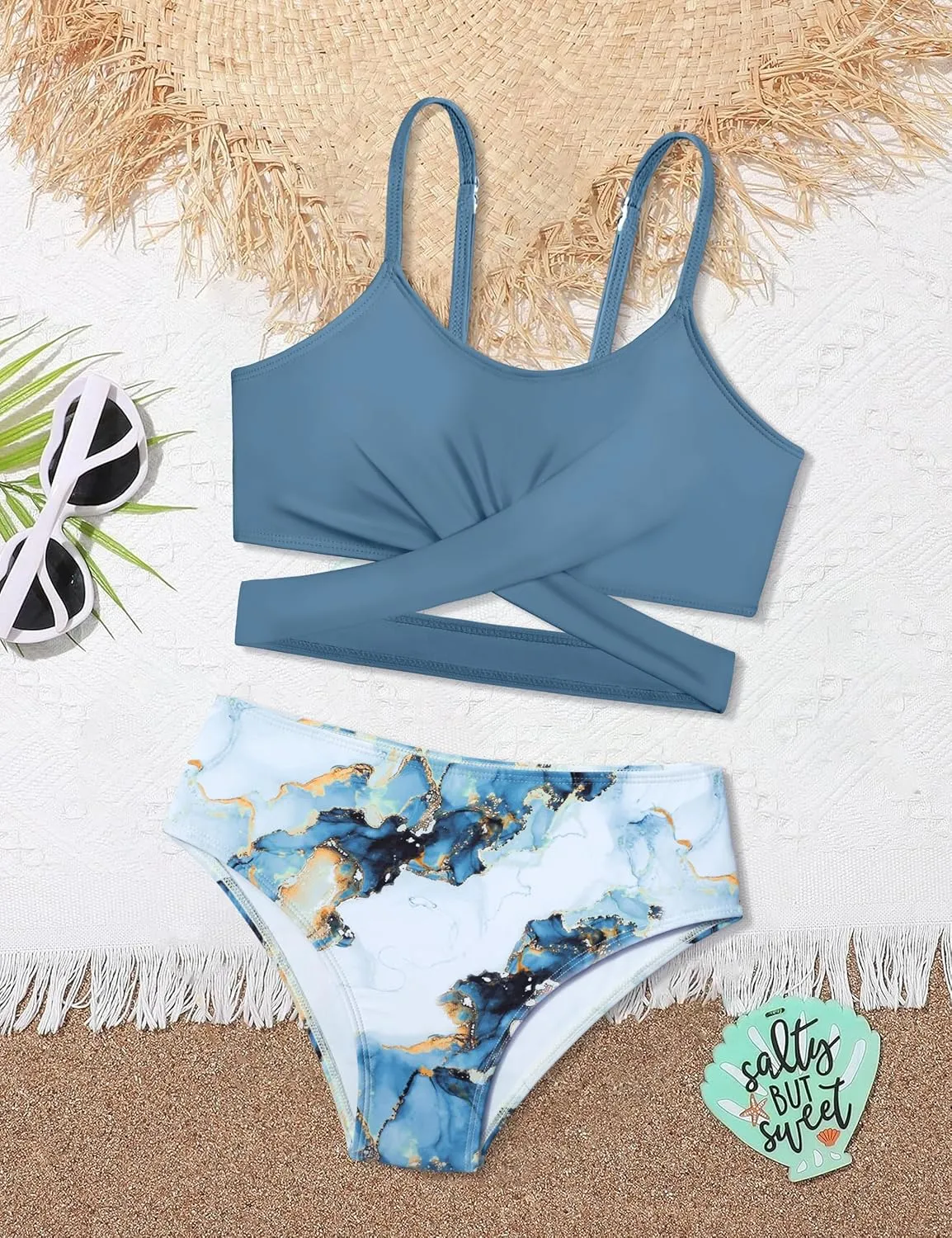 Girls Swimsuits Bikini Set Two Piece Bathing Suit Criss Cross Girls' Swimwear with Chest Pad