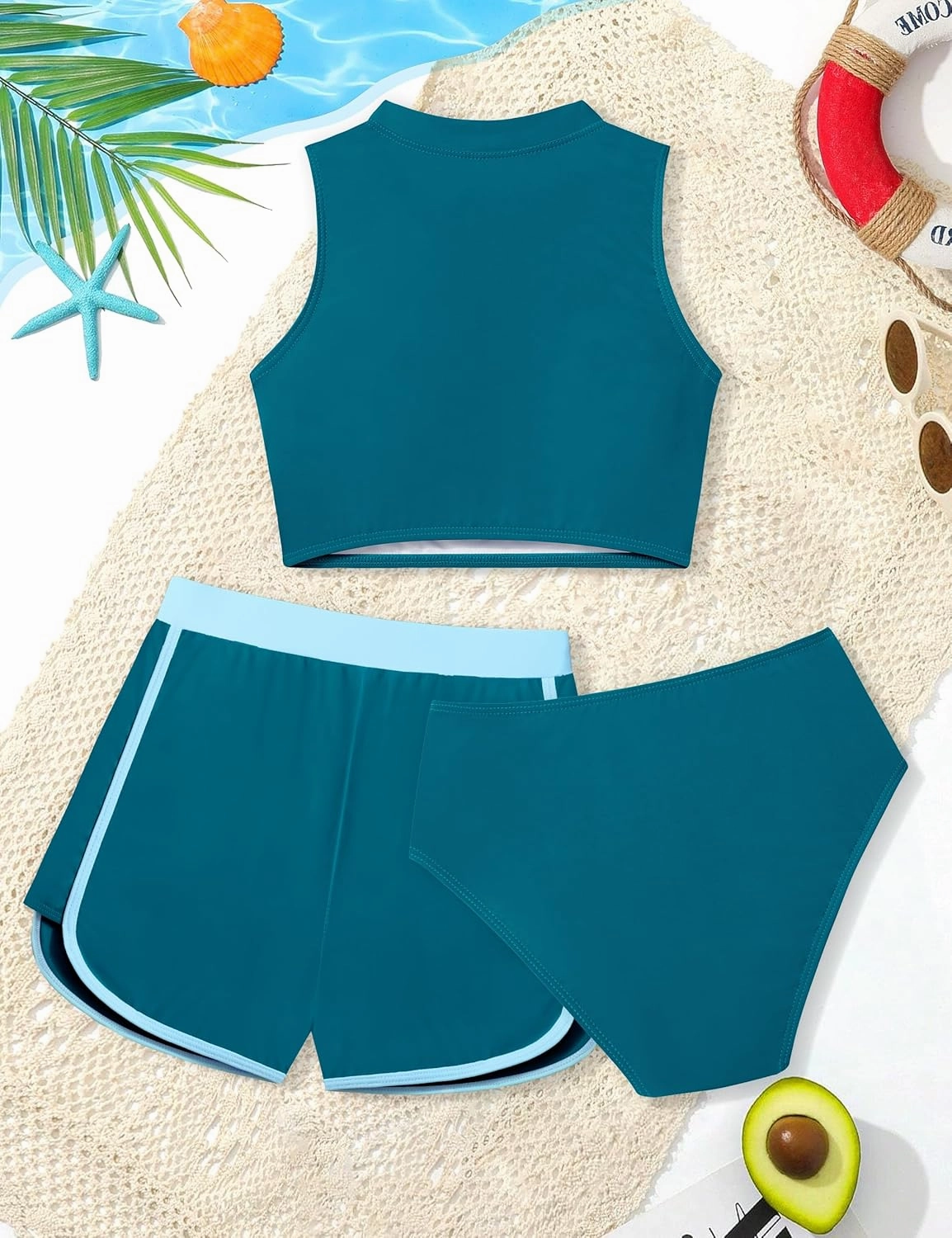 Girls Swimsuit 3 Piece Color Block Zipper Front Bathing Suit Bikini Set with Shorts Sporty Girls' Swimwear 7-16 Years