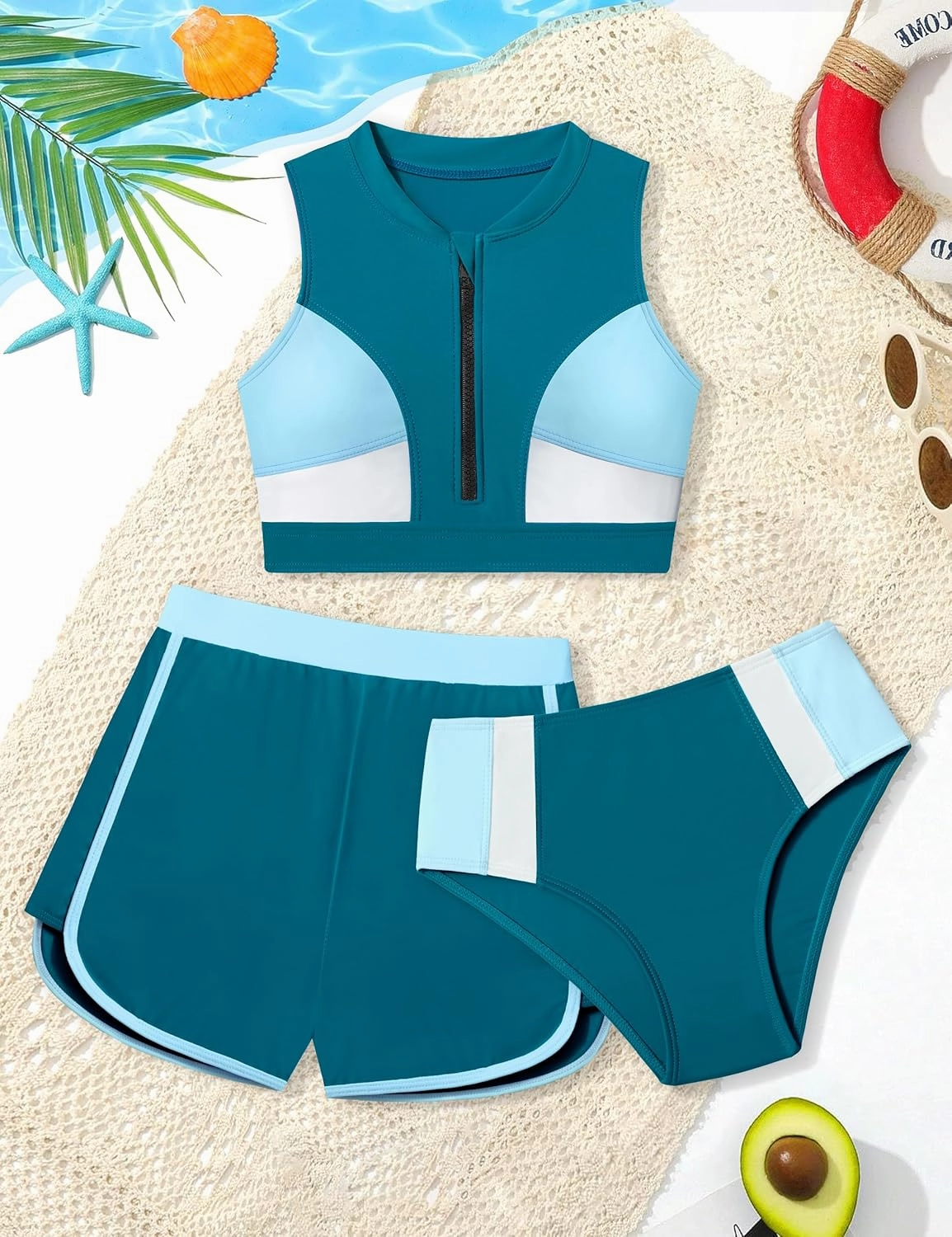 Girls Swimsuit 3 Piece Color Block Zipper Front Bathing Suit Bikini Set with Shorts Sporty Girls' Swimwear 7-16 Years