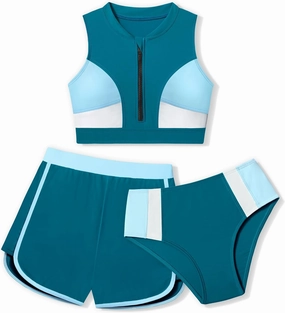 Girls Swimsuit 3 Piece Color Block Zipper Front Bathing Suit Bikini Set with Shorts Sporty Girls' Swimwear 7-16 Years