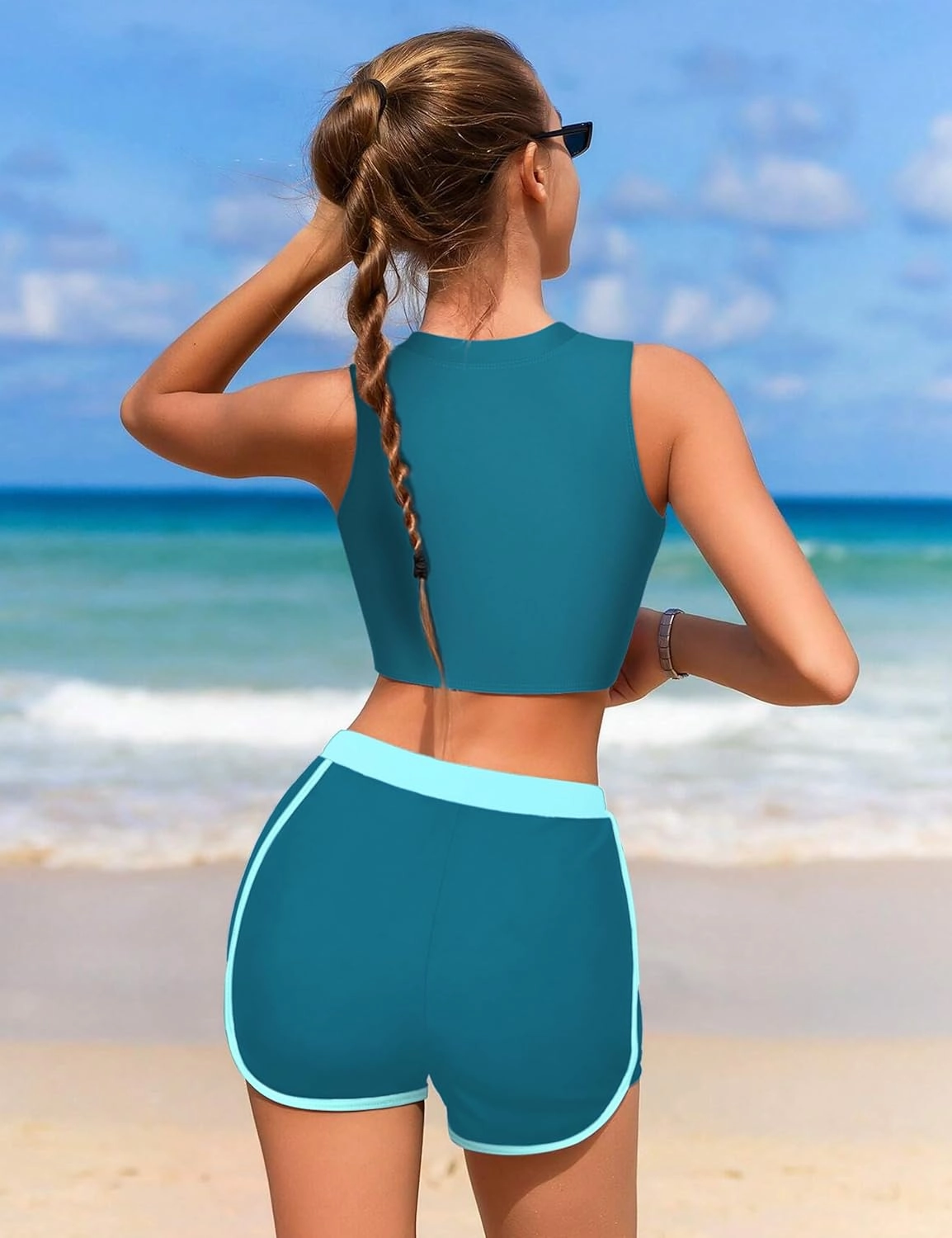 Girls Swimsuit 3 Piece Color Block Zipper Front Bathing Suit Bikini Set with Shorts Sporty Girls' Swimwear 7-16 Years