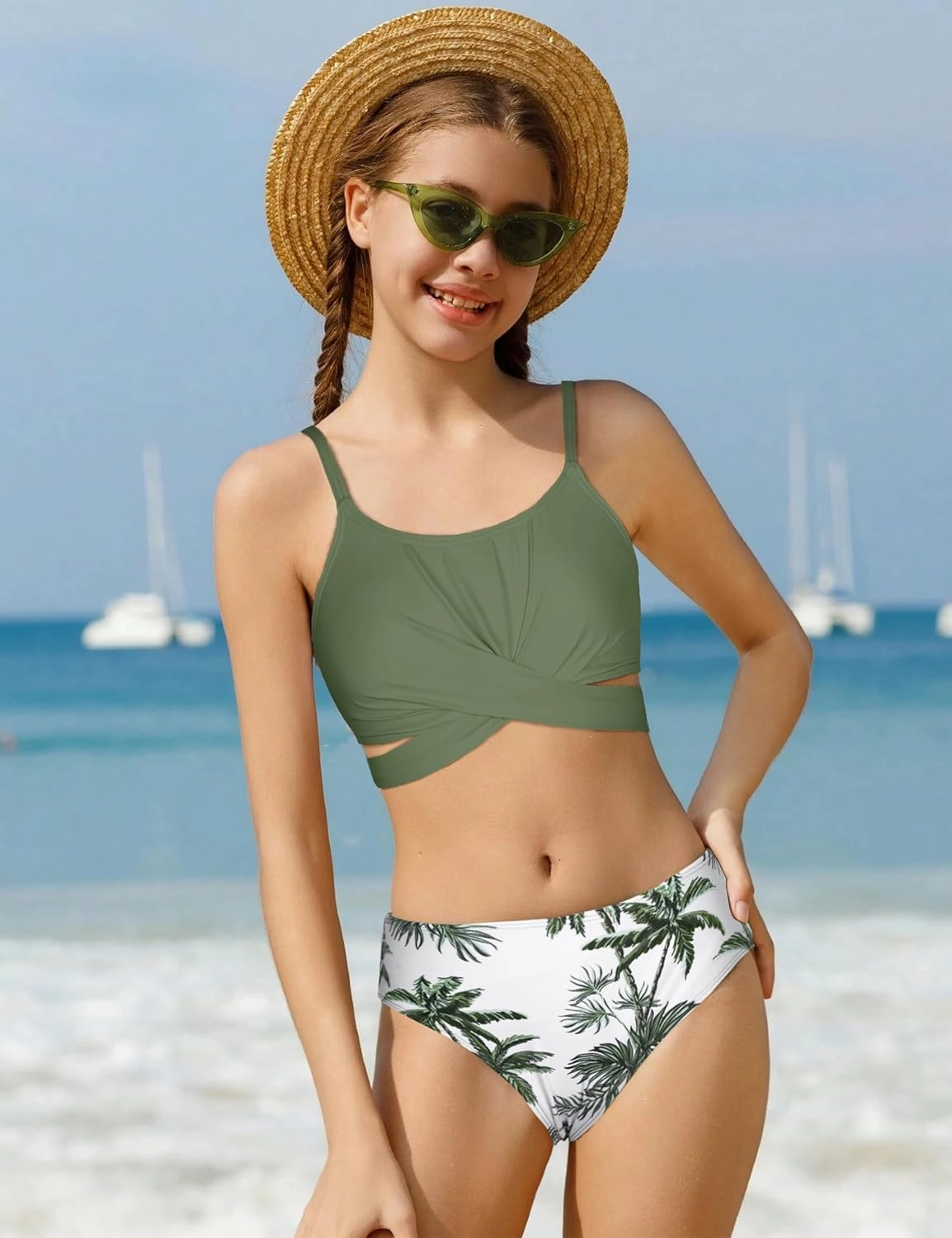 Girls Swimsuits Bikini Set Two Piece Bathing Suit Criss Cross Girls' Swimwear with Chest Pad