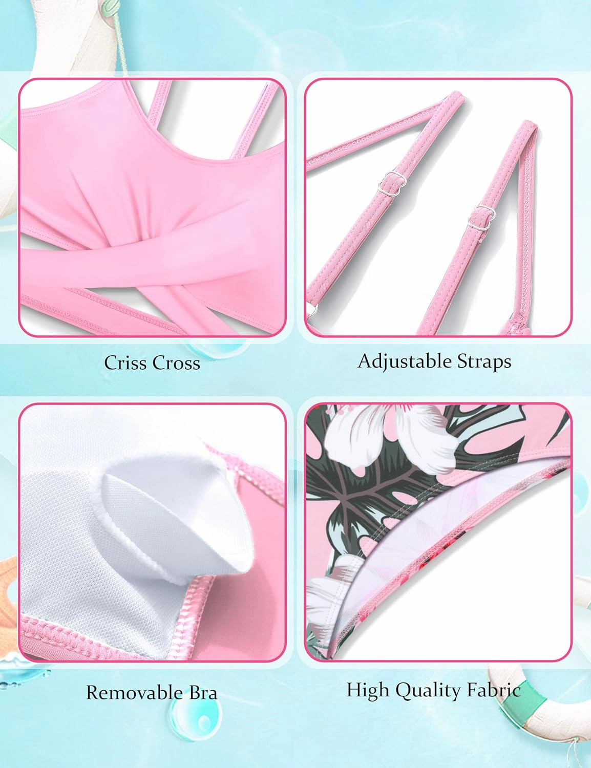 Girls Swimsuits Bikini Set Two Piece Bathing Suit Criss Cross Girls' Swimwear with Chest Pad