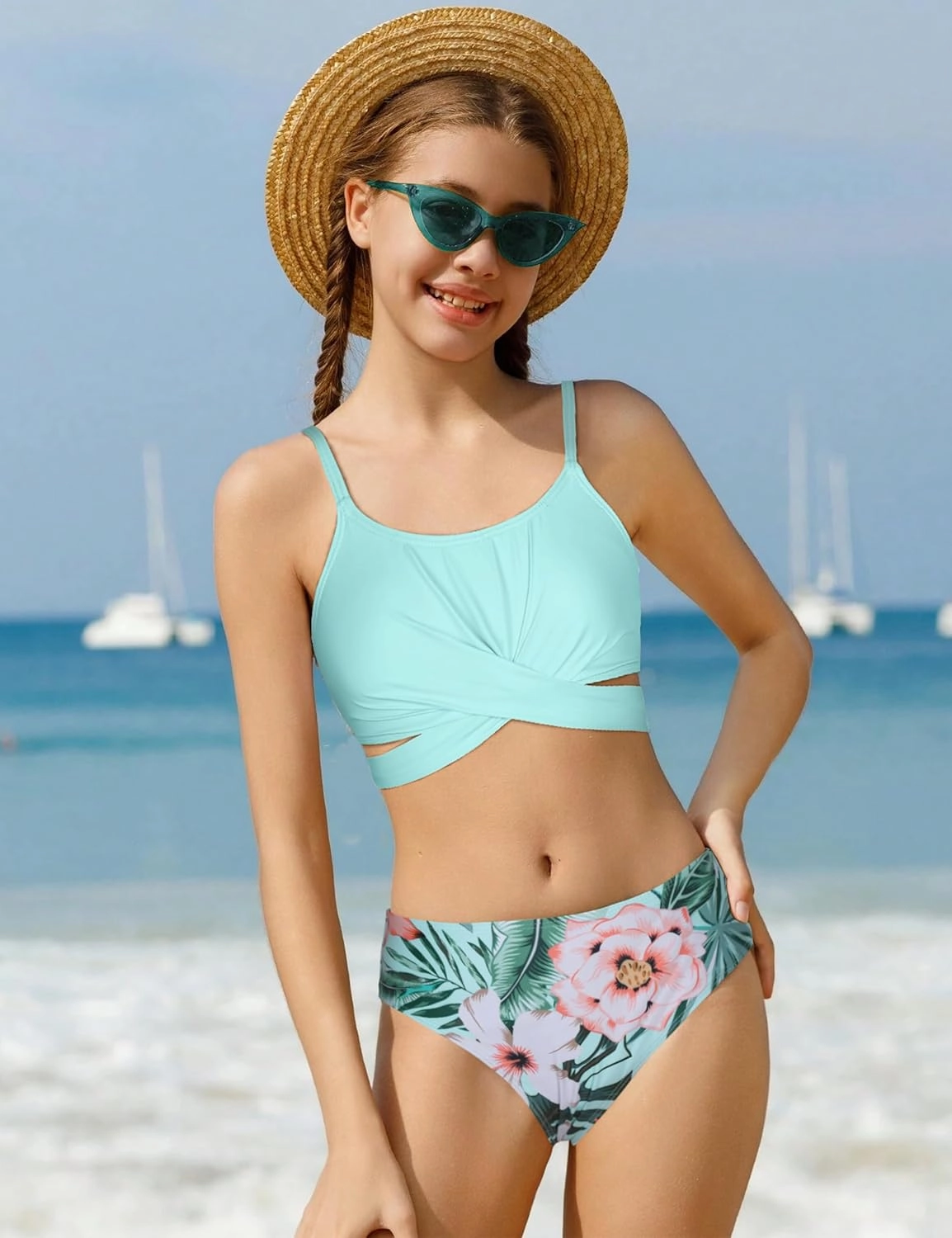 Girls Swimsuits Bikini Set Two Piece Bathing Suit Criss Cross Girls' Swimwear with Chest Pad