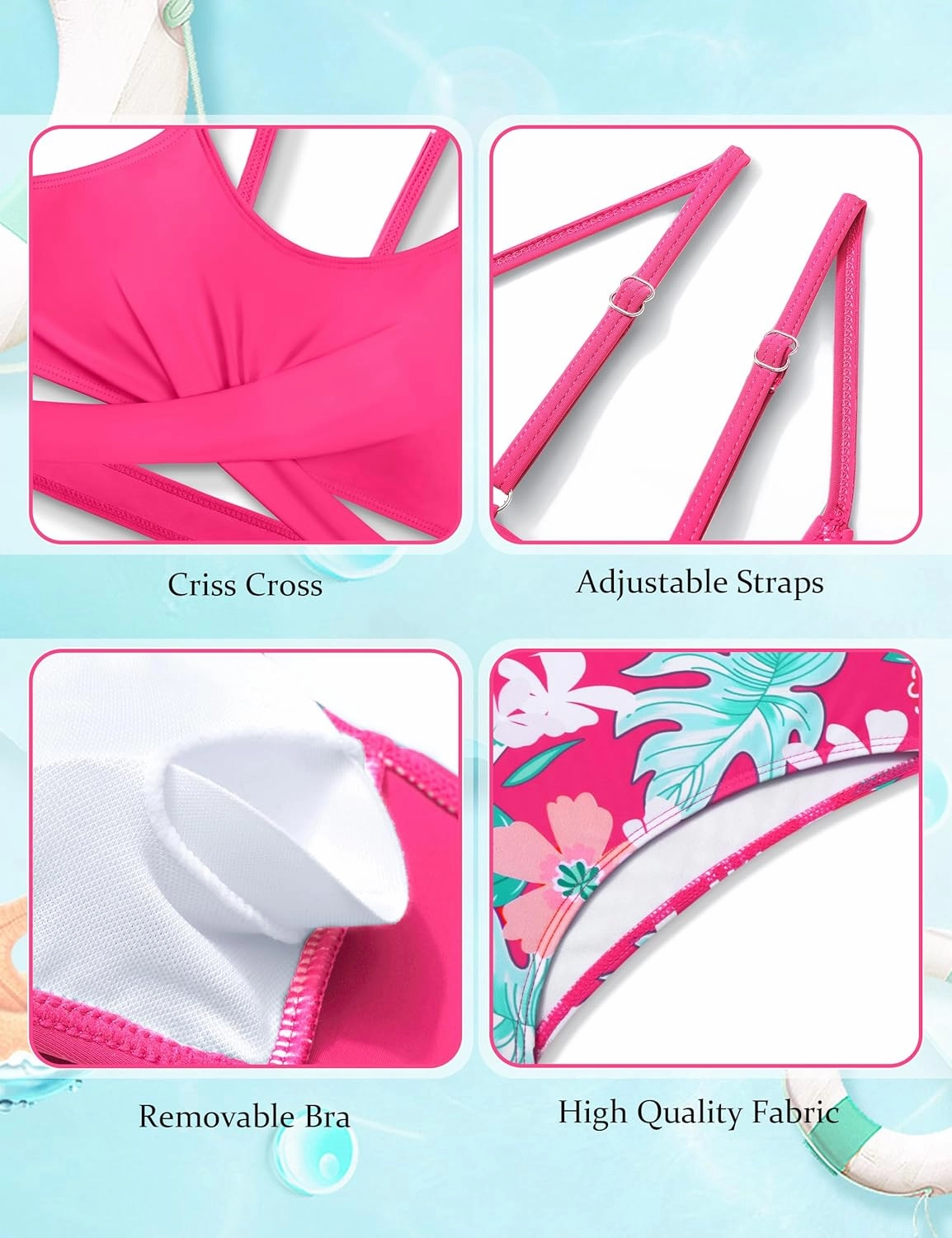 Girls Swimsuits Bikini Set Two Piece Bathing Suit Criss Cross Girls' Swimwear with Chest Pad