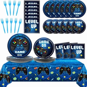 Gisgfim Video Game Party Supplies Tableware Set for 24 Guests - Gaming Birthday Plates, Blue Gamer Decorations Includes Plates, Napkins, Tablecloths