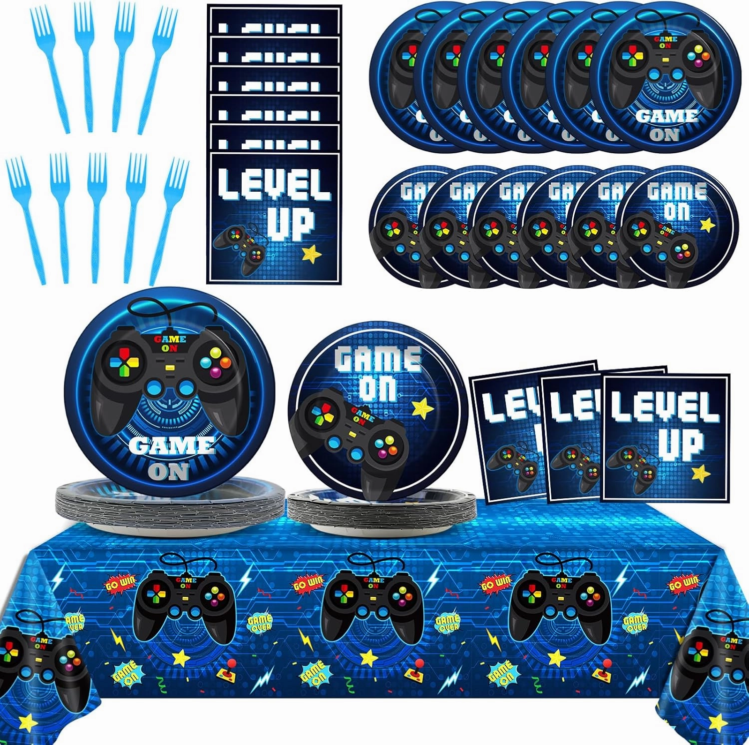 Gisgfim Video Game Party Supplies Tableware Set for 24 Guests - Gaming Birthday Plates, Blue Gamer Decorations Includes Plates, Napkins, Tablecloths