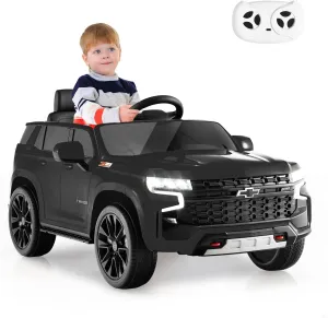 GLACER Licensed Chevrolet Tahoe Ride On Car, 12V Battery Powered Electric Vehicle w/Parent Remote Control, Music, Lights, Ride On Truck Toy w/Spring Suspension, Car for Kids Boys & Girls (Black)
