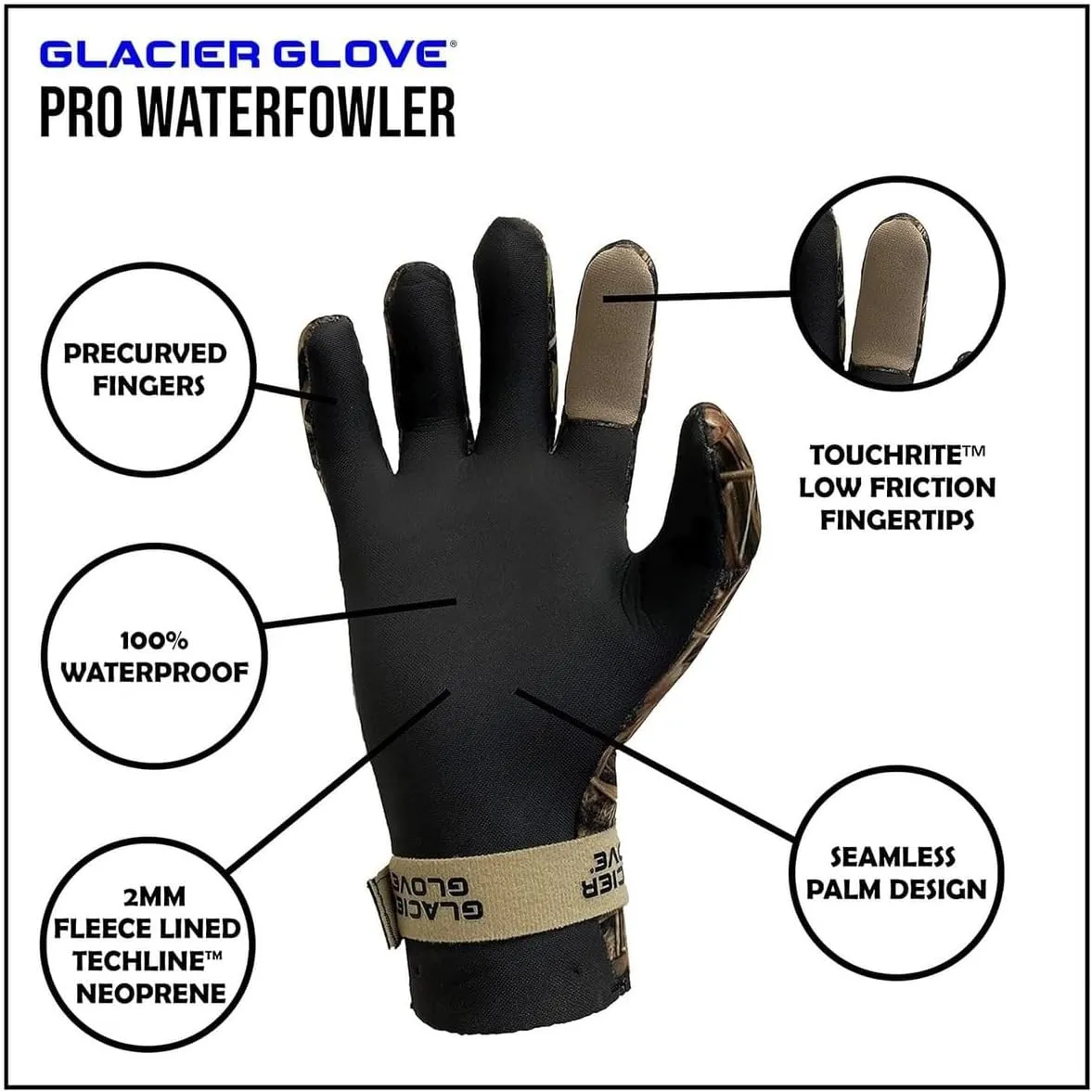 Glacier Glove Pro Waterfowler Durable Waterproof Multifunctional Outdoor Fleece-Lined Neoprene Gloves w/Pre-Curved Fingers