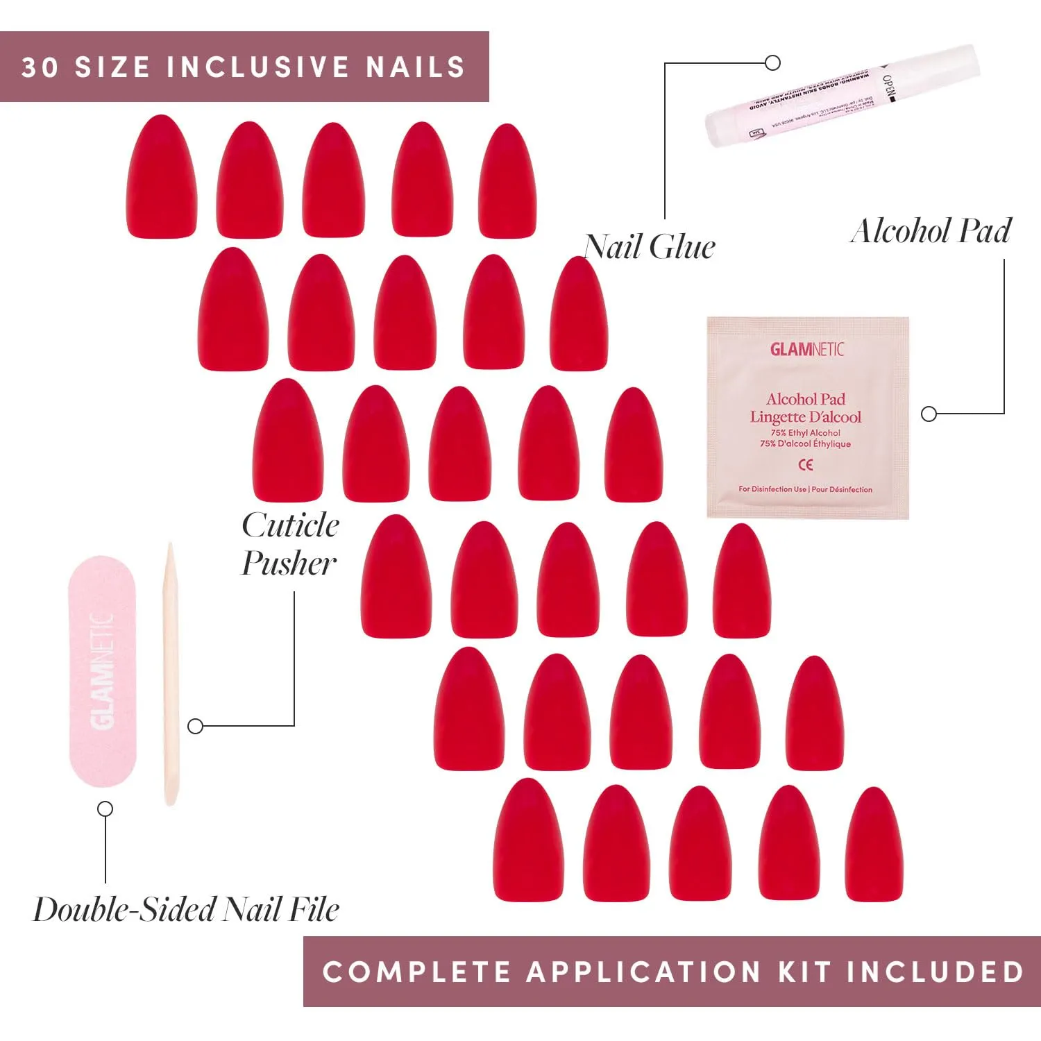 Glamnetic Press On Nails - Fiery Red | Opaque Bright Red Short Almond Fake Nails, Reusable | 15 Sizes - 30 Nail Kit