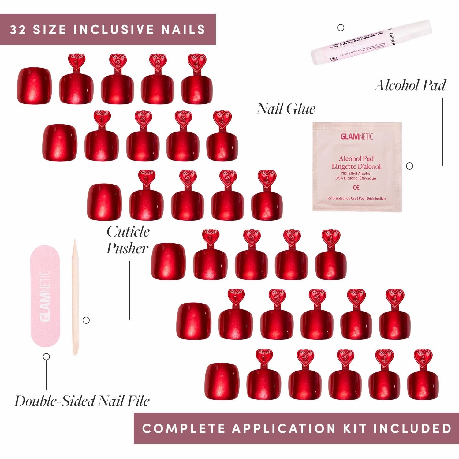 Glamnetic Press On Toenails - Cherry Glaze | Bright Red Fake Toe Nails with a Glazed Finish | 16 Sizes - 32 Toe Nail Kit with Glue