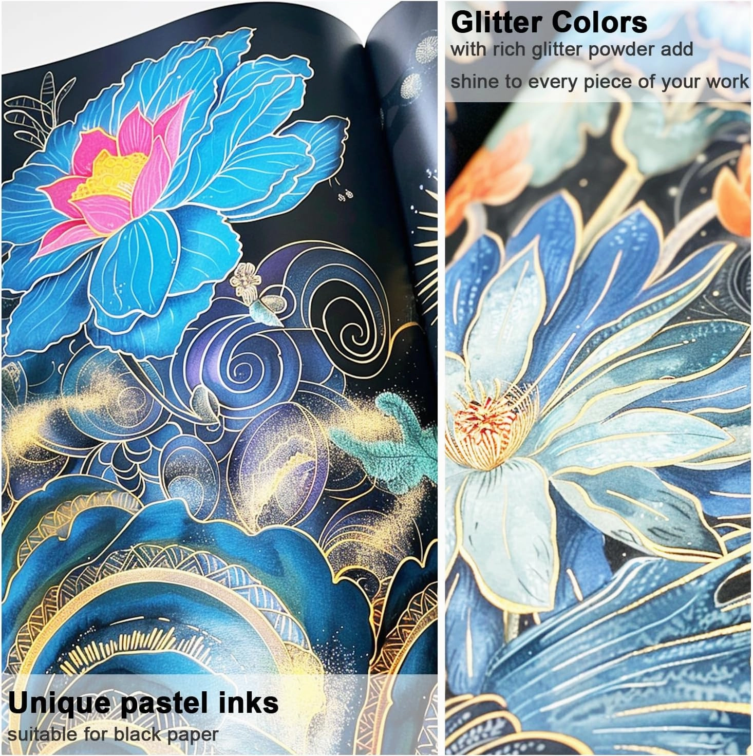 Glitter Gel Pens for Adult Coloring Books, Glitter Pens Set of 120 (60 Gel Glitter Pens & 60 Pen Refills), Fine Point (0.8-1.0mm) Pens for Journaling, Art Supplies for Scrapbooking, Doodling, Drawing